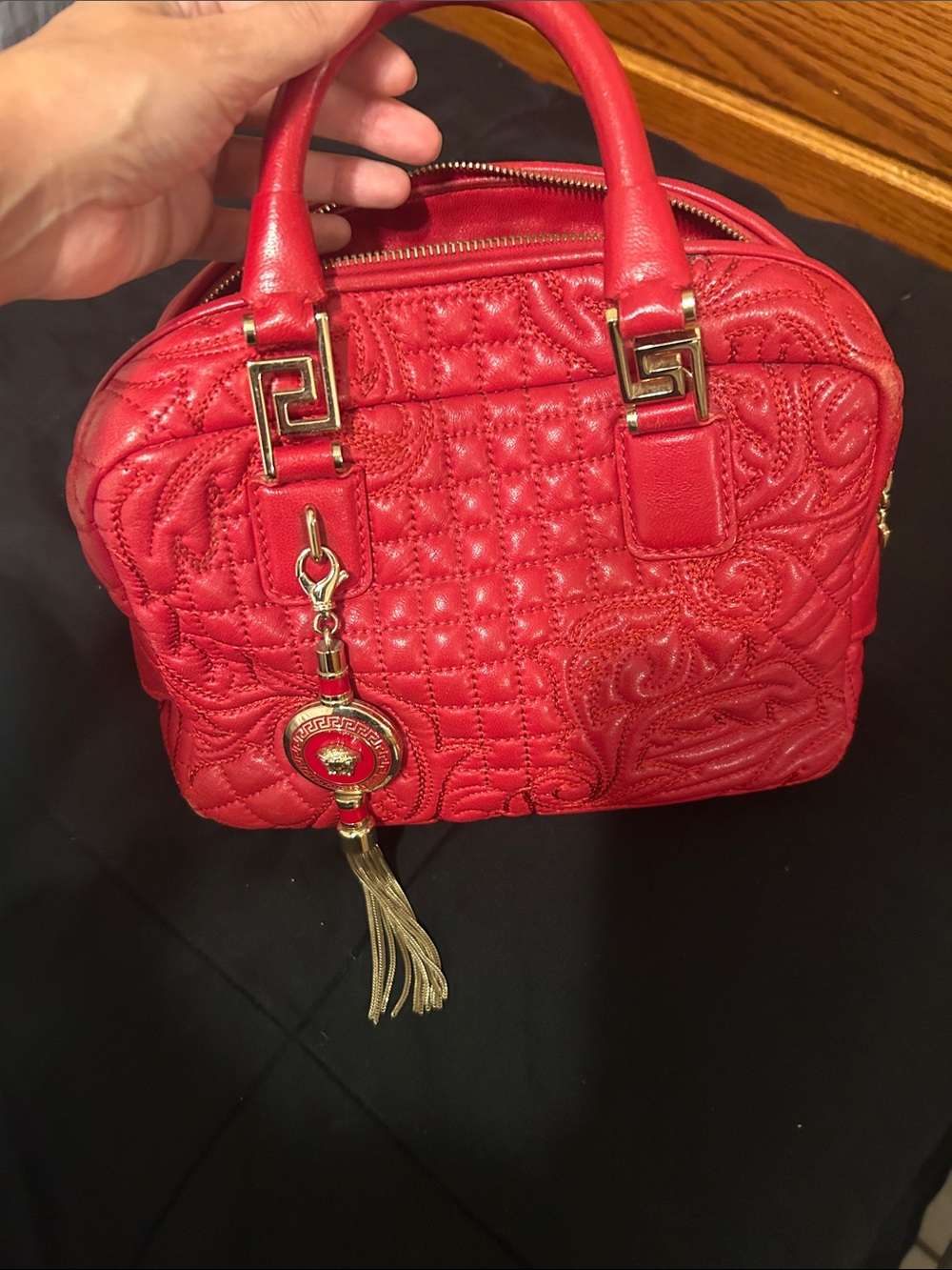 Red Quilted Satchel Handbag with Gold Tassel